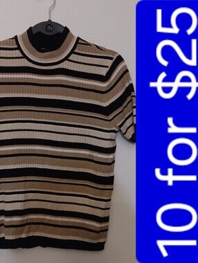Striped Short-Sleeve Knit Sweater - Black & Beige